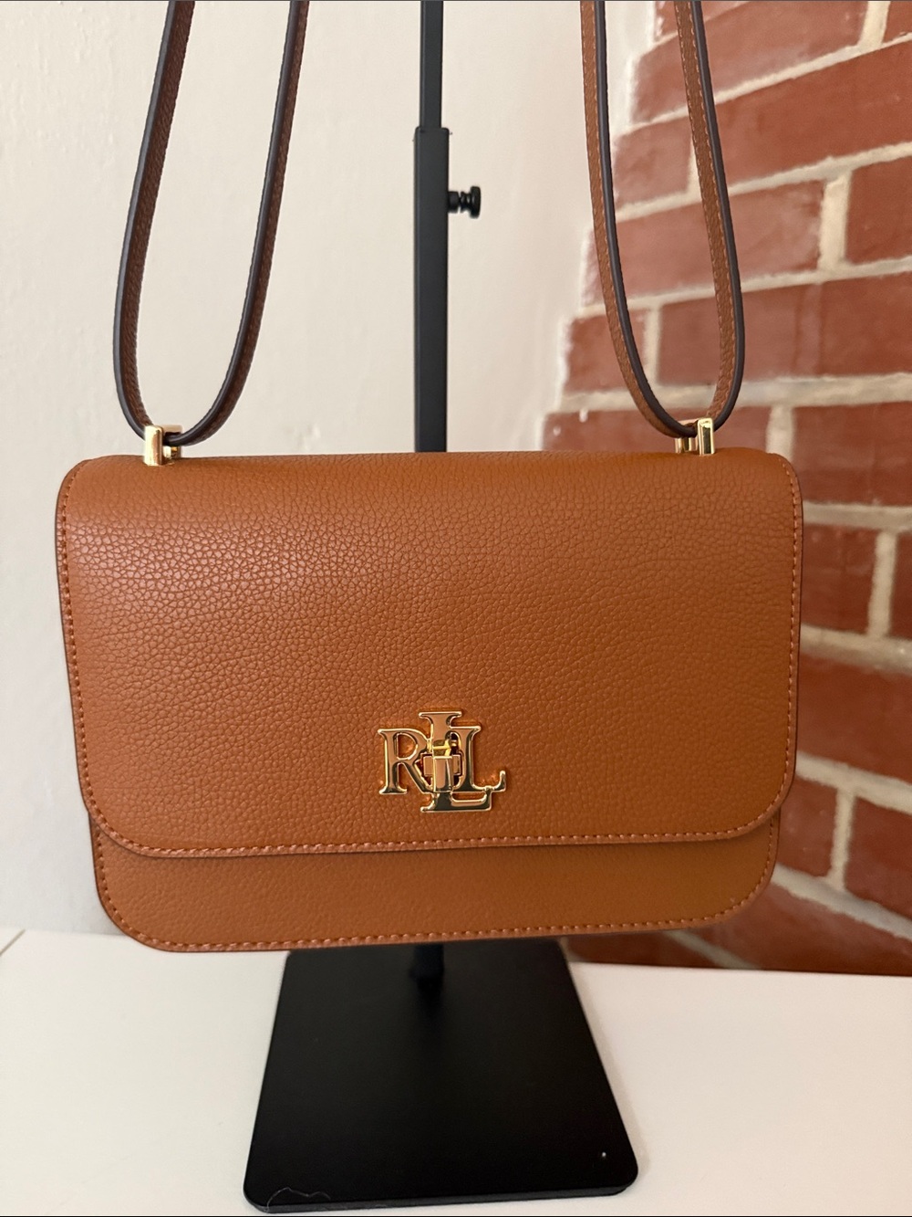 Ralph Lauren Cognac Pebbled Leather Crossbody with Gold Hardware